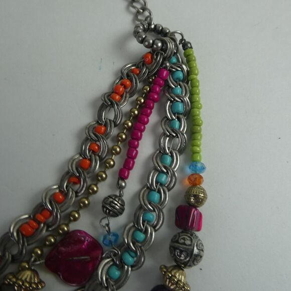 Silver Tone Multi Strand Bib Statement Necklace Beaded Colorful Boho Funky Fun - Picture 5 of 7